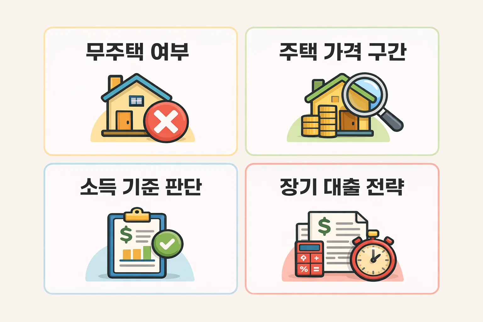무주택 여부&middot;주택가격 구간&middot;소득 기준&middot;장기 대출 전략 등 실제 대출 선택 기준을 비교해 정리한 이미지