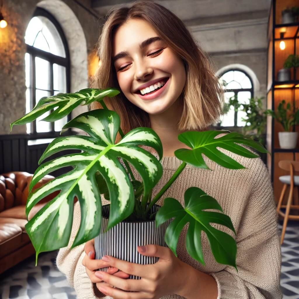 몬스테라 알보를 들고 기뻐하는 식물집사