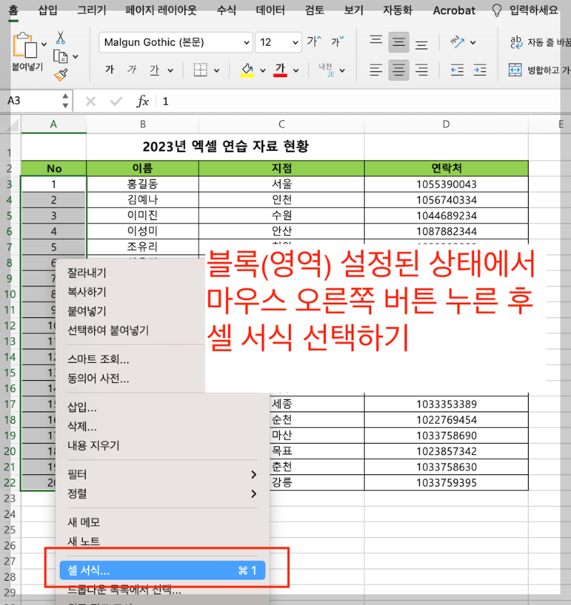 셀 서식 선택하기