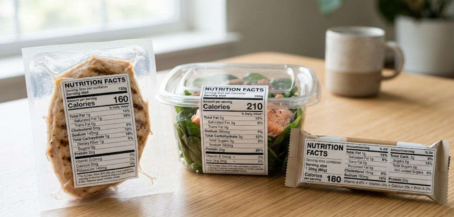 다이어트 식품(닭가슴살, 샐러드, 단백질바)의 성분표 예시 이미지