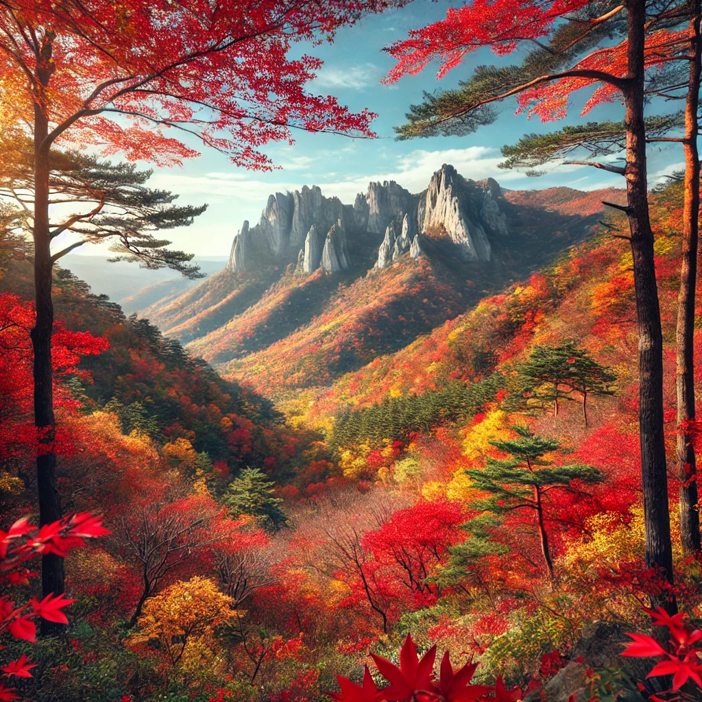 광주 무등산 국립공원의 아름다운 가을 단풍과 산봉우리 풍경