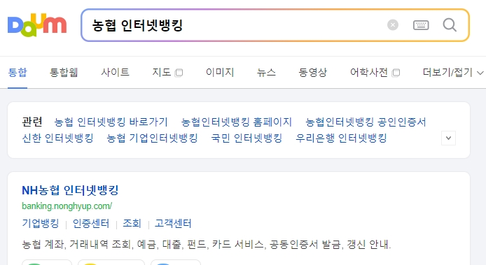 포털 사이트 검색창에 농협 인터넷뱅킹을 입력하여 올바른 접속 경로를 찾는 화면