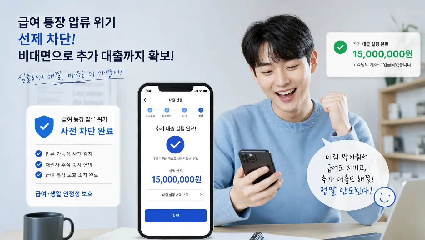 급여 통장 압류 위기를 선제적으로 차단하고 비대면 플랫폼으로 추가 대출을 확보하여 안도하는 청년의 모습