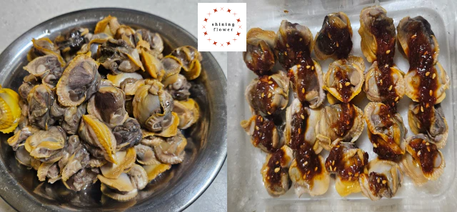 꼬막까기 완성-꼬막살 한층 깔고 양념장 얹기