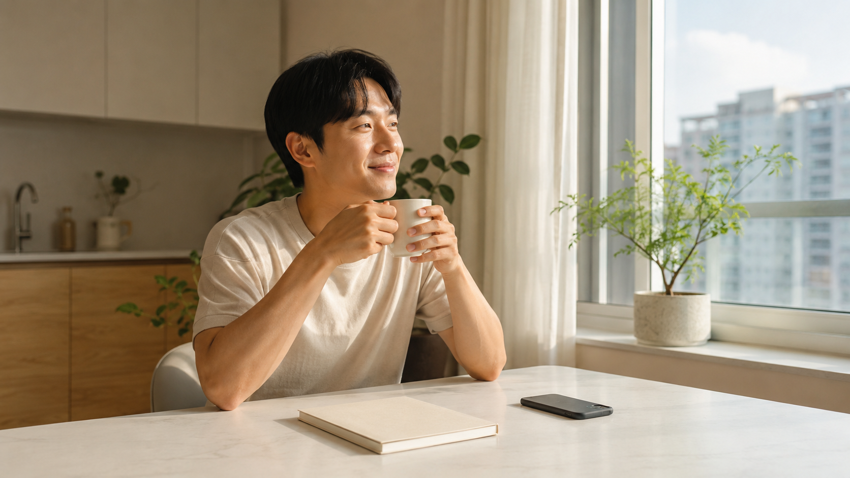 신용점수를 확인하고 여유롭게 커피를 마시는 오후