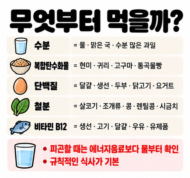 수분 복합탄수화물 단백질 철분 비타민 B12와 대표 음식을 한눈에 비교하는 카드