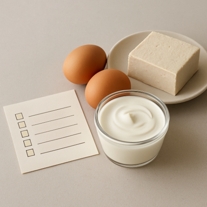 체크리스트와 함께 단백질 식품이 놓여 있어 오늘의 분배 계획을 시각화한다.