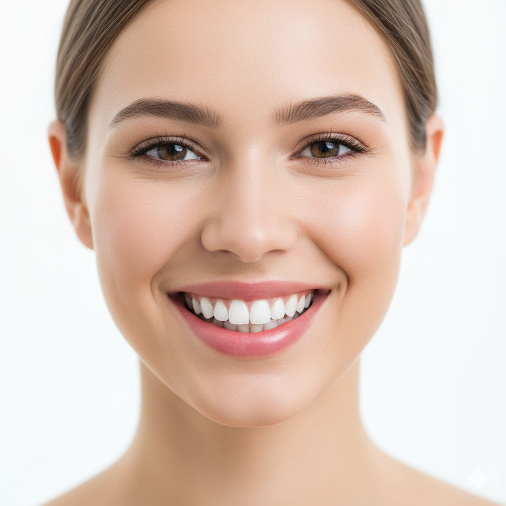 건강한 잇몸을 드러내며 밝고 자신감 있게 활짝 웃는 20대 여성의 얼굴 클로즈업.
