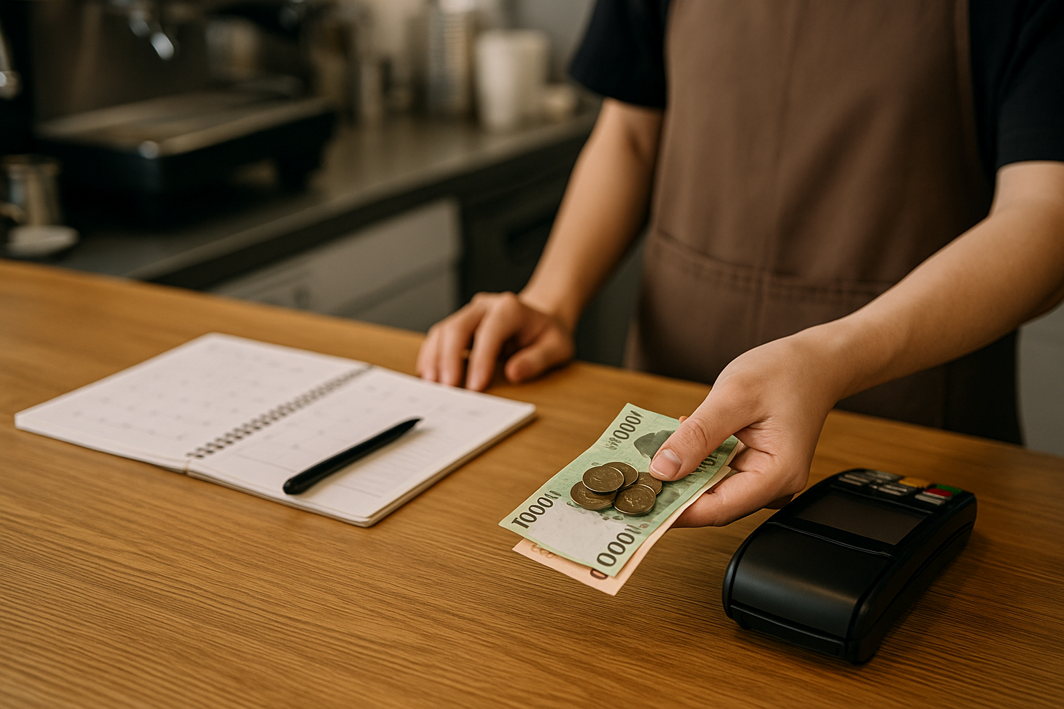 현금으로 결제하는 손과 카드 단말기