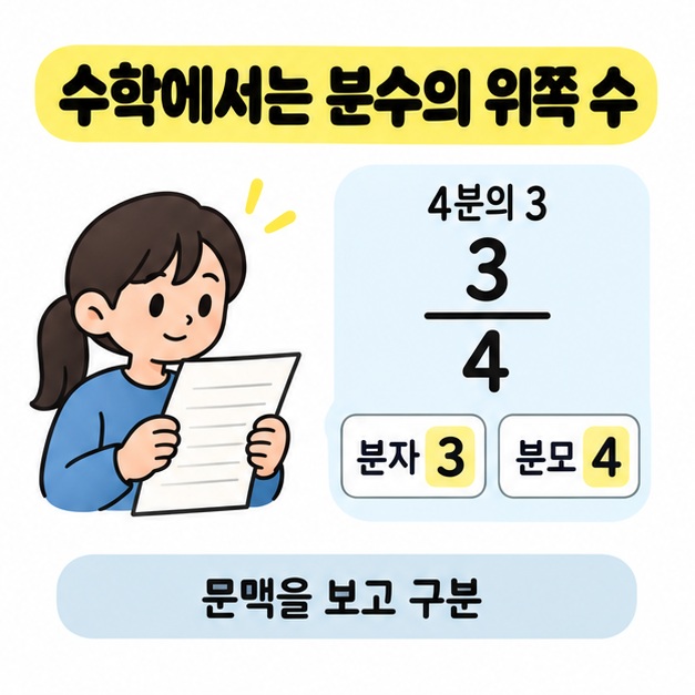 학습지를 보는 학생 옆에 4분의 3과 분자 3, 분모 4를 표시하고 수학에서는 분수의 위쪽 수를 뜻하므로 문맥을 보고 구분하라는 안내