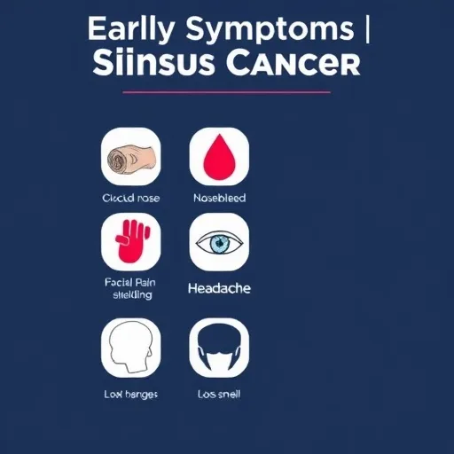 코막힘, 코피, 안면 통증 및 부기, 시력 변화, 두통, 후각 상실 등 부비동암의 대표적인 초기 증상들을 시각적으로 상징하는 아이콘(예: 막힌 코, 붉은 코피 방울, 아픈 얼굴 등)과 함께 나열합니다. 체크리스트 또는 리스트 형식으로 디자인하여 가독성을 높입니다.