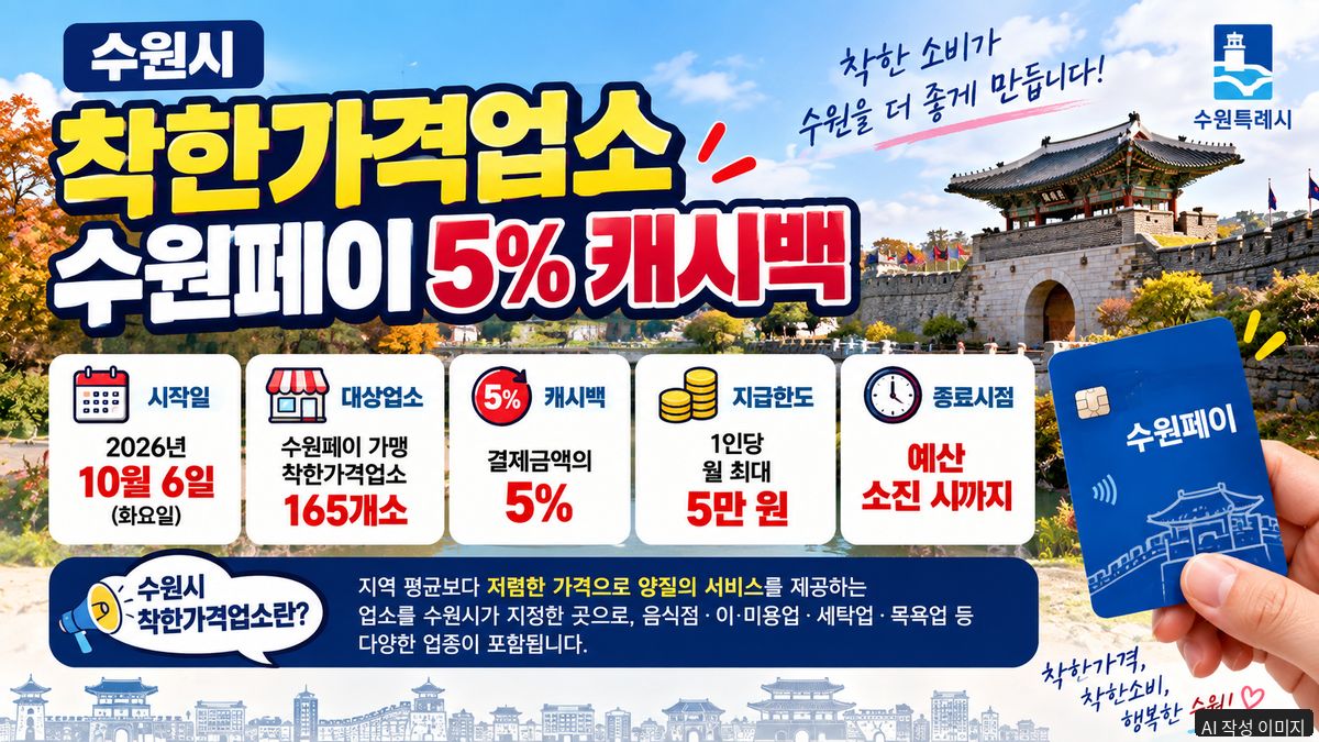 수원 착한가격업소에서 수원페이 결제 시 5% 캐시백과 월 최대 5만원 혜택 안내