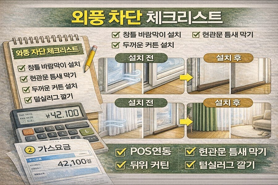 외풍 차단 체크리스트(창틀/현관/커튼/러그)