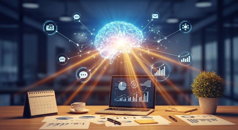 책상 위 노트북에서 빛나는 AI 뇌 네트워크가 나오고, 주변에 메시지, 이메일, 차트, 톱니바퀴 아이콘들이 연결되어 있으며, 달력, 커피, 화분, 문서가 있는 인공지능 비즈니스 자동화 개념 이미지