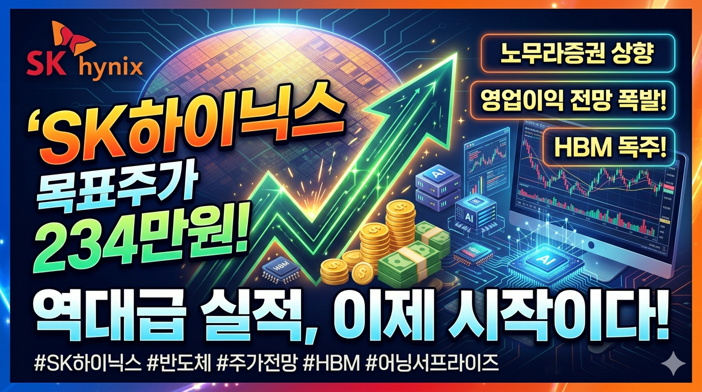 "SK하이닉스 로고와 함께 'SK하이닉스 목표주가 234만원!', '역대급 실적, 이제 시작이다!'라는 굵고 선명한 한글 텍스트가 강조된 블로그 썸네일 이미지입니다. 배경에는 빛나는 반도체 웨이퍼, 우상향하는 초록색 주가 그래프 화살표, 금화와 현금 뭉치, AI 메모리 칩, 기술 분석 차트가 그려져 있습니다. 우측 상단에는 '노무라증권 상향', '영업이익 전망 폭발!', 'HBM 독주!'라는 추가 텍스트가 배치되어 있으며, 하단에는 #SK하이닉스 #반도체 #주가전망 등의 태그가 포함되어 있습니다."