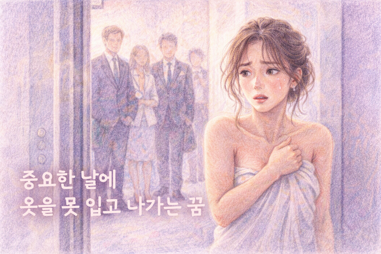 엘리베이터 앞에서 수건으로 몸을 가리며 당황한 여성과 정장 차림 사람들 색연필 일러스트