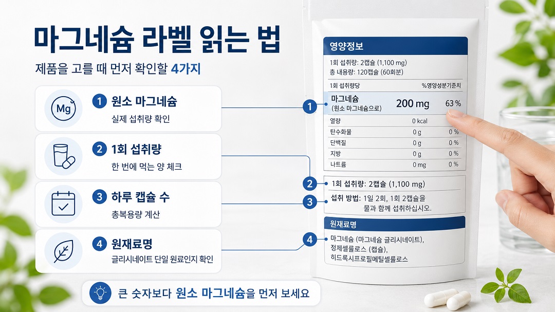 마그네슘 제품 라벨에서 원소 함량과 원재료 구성을 확인하는 모습