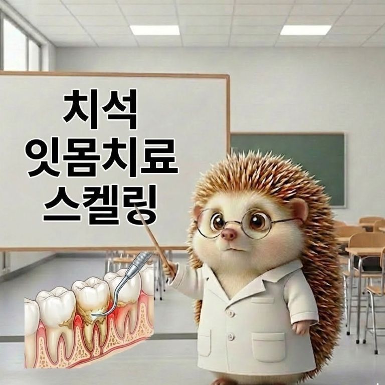 치석, 잇몸치료, 스켈링에 대해 설명하고 있는 도치씨 모습