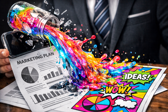 밈의 에너지가 전통적인 기획안을 트렌디하게 변화시키는 역동적인 순간.