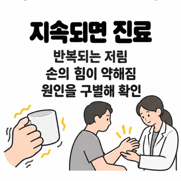 반복되는 저림과 손의 힘 약화가 지속되면 진료받도록 컵을 쥔 손과 의료진의 손 상태 확인 장면을 배치한 안내