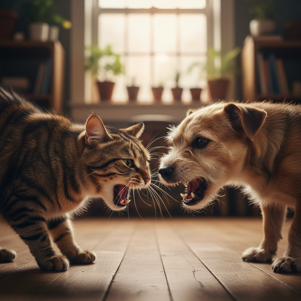하악질하는 고양이와 으르렁대는 강아지 이미지