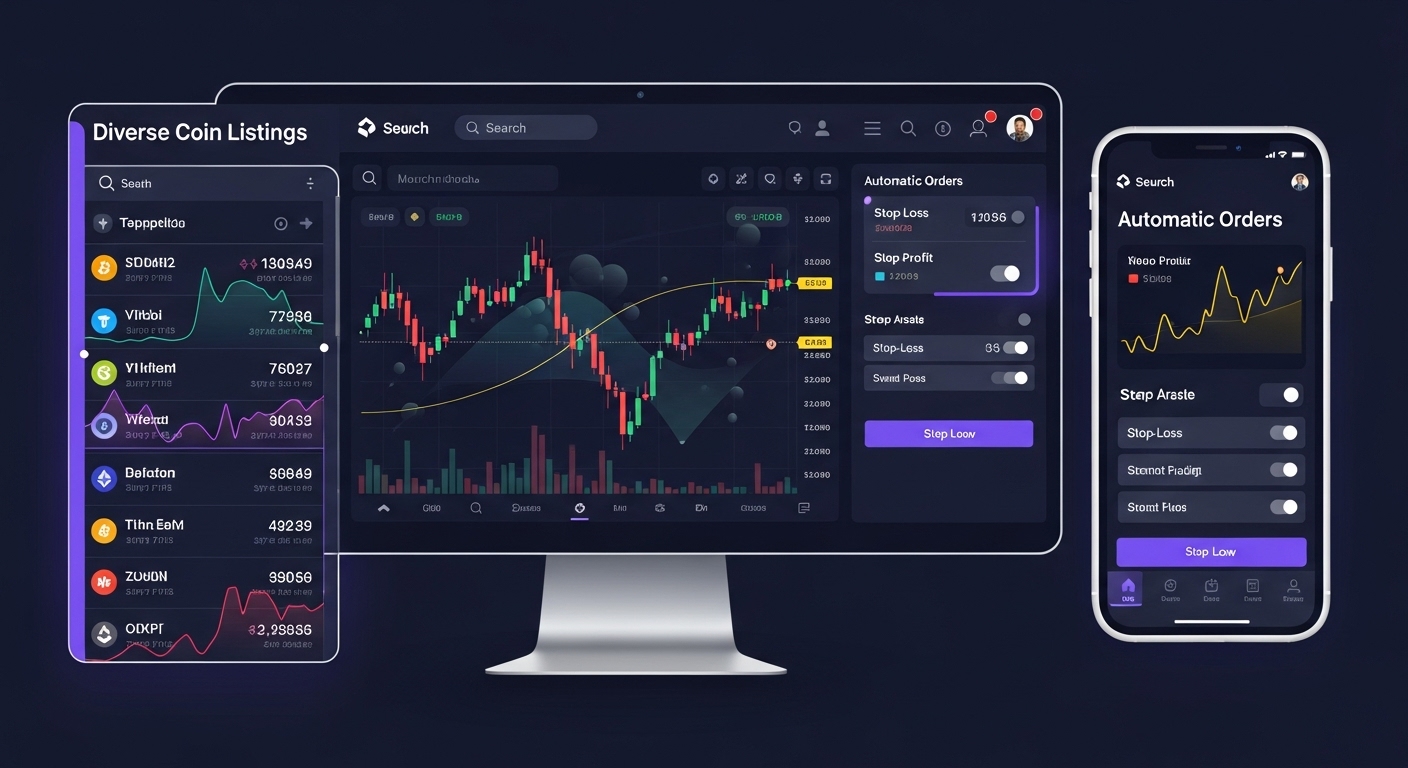 빗썸 모바일 및 PC 앱의 혁신적인 자동주문 및 다양한 코인 거래 기능 화면.