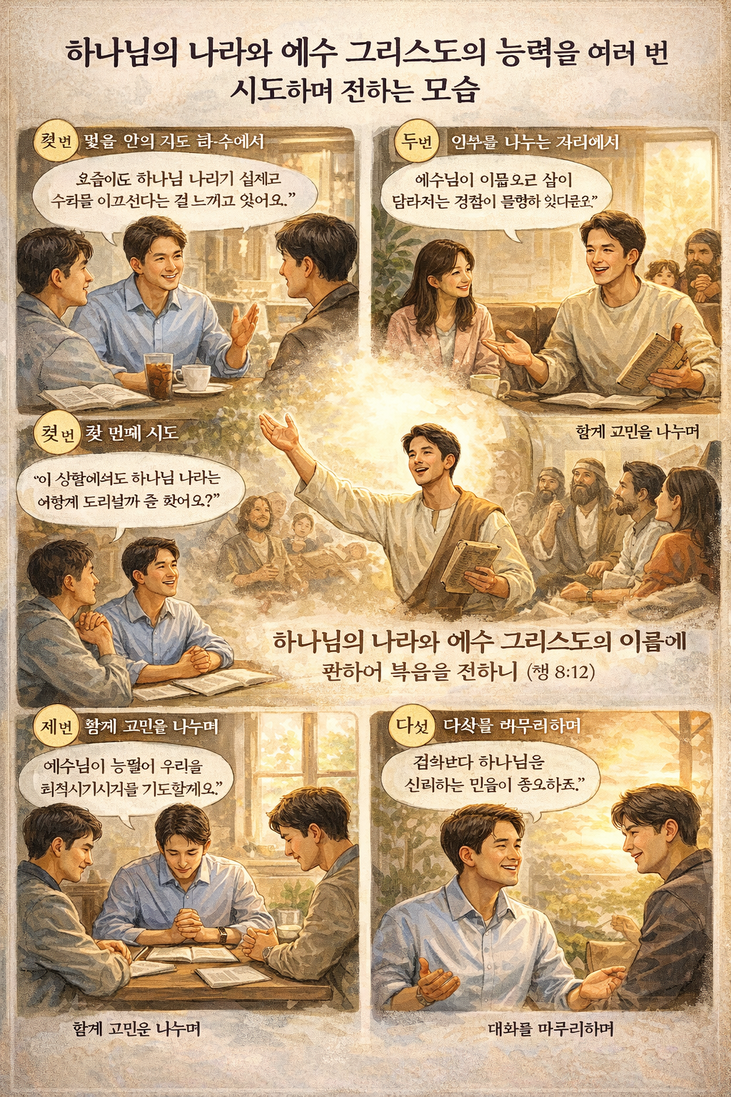 행 8:12 말씀을 보며&amp;#44; 하나님의 나라와 예수 그리스도의 능력에 관한 복음을 전하는 것이 제가 전해야할 주요 주제임을 다시 생각하며&amp;#44; 믿음 안에서 교제하며&amp;#44; 하나님의 나라와 예수 그리스도의 능력을 말하려는 시도를 5번 이상 하는 모습입니다.