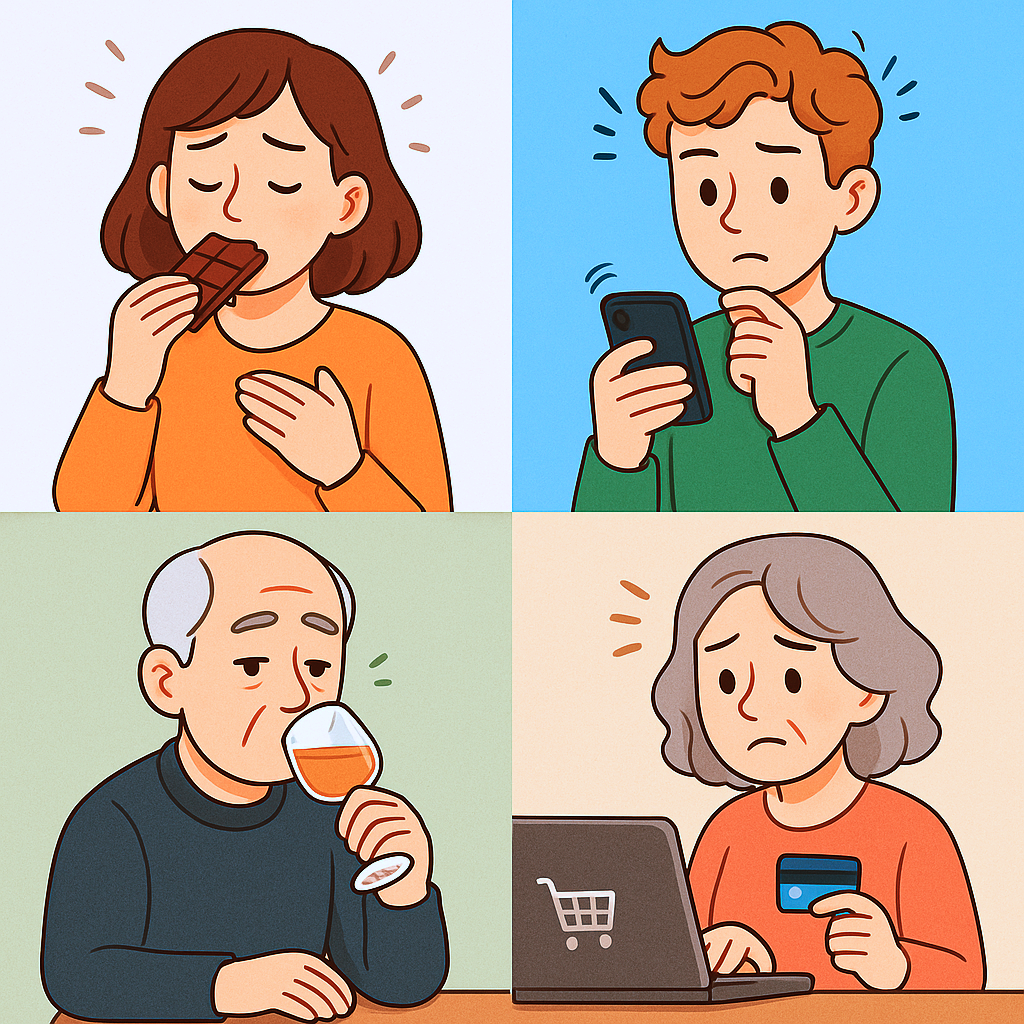 초콜릿 먹는 여자, 스마트폰보는 남자, 술마시는 노인, 인터넷쇼핑하는 중년여성. 일러스트