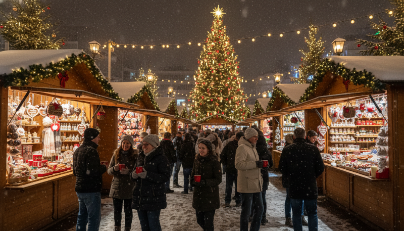 눈이 내리는 밤, 따뜻한 불빛으로 가득 찬 독일 크리스마스 시장. 사람들이 글뤼바인을 마시며 쇼핑을 즐기고, 중앙에는 화려하게 장식된 크리스마스 트리가 서 있습니다.