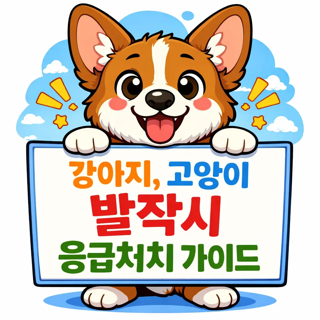 강아지와 고양이 발작 시 보호자를 위한 응급처치 가이드를 안내하는 푯말을 들고 있는 카툰 강아지 이미지