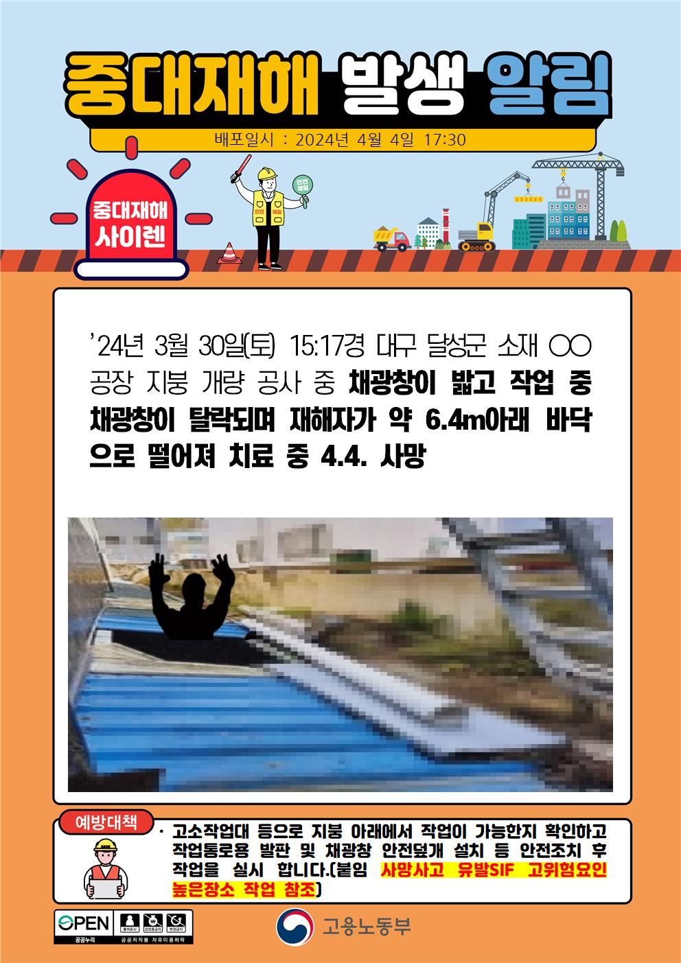 지붕 채광창을 밟고 작업 중 채광창이 탈락되면서 떨어짐(6.4m)