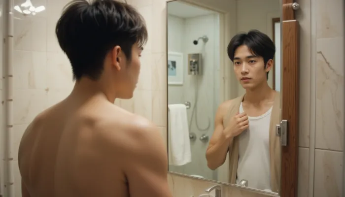 아침 세면대 앞에서 환하게 웃는 남성