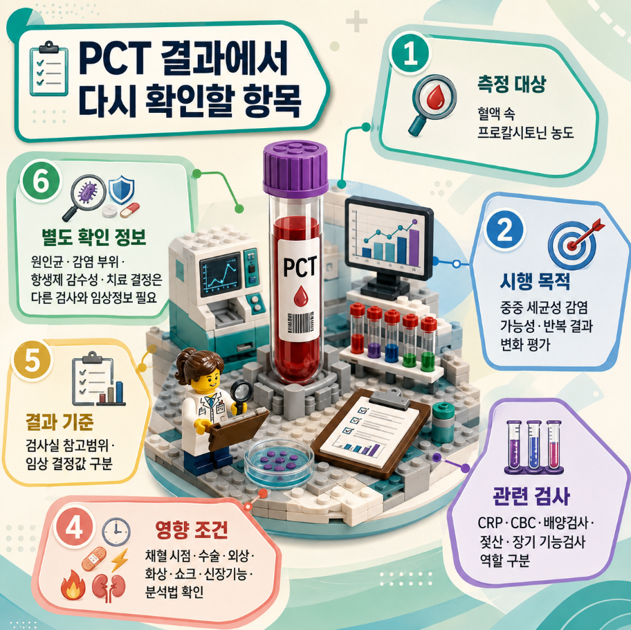 프로칼시토닌(PCT) 결과에서 다시 확인할 측정 대상, 시행 목적, 관련 검사, 영향 조건, 결과 기준과 별도 확인 정보를 정리한 레고 스타일 메디컬 인포그래픽