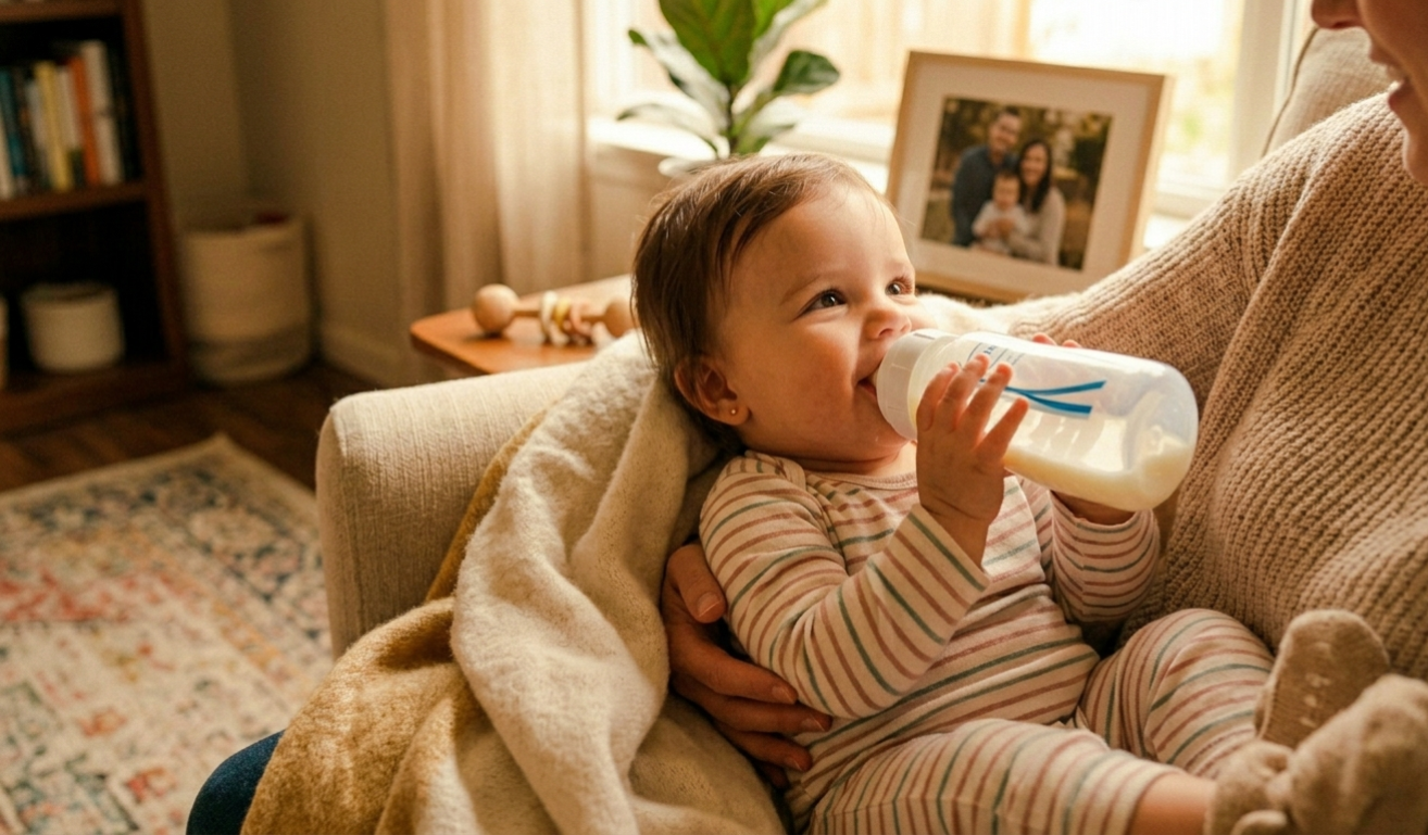마 품에서 젖병 수유 중인 아기의 평온한 모습 (A peaceful scene of a baby being bottle-fed in mother's arms)