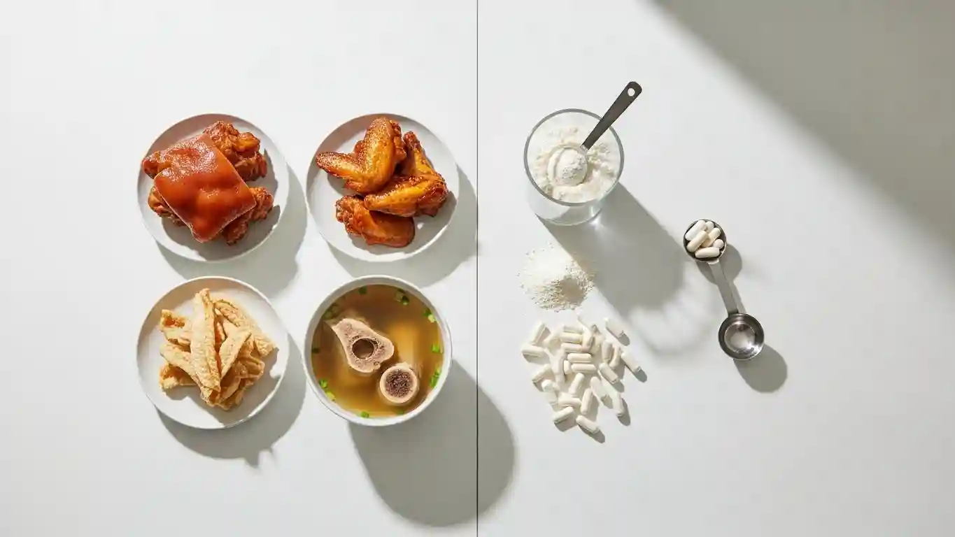 콜라겐 음식과 보충제를 비교하는 인포그래픽