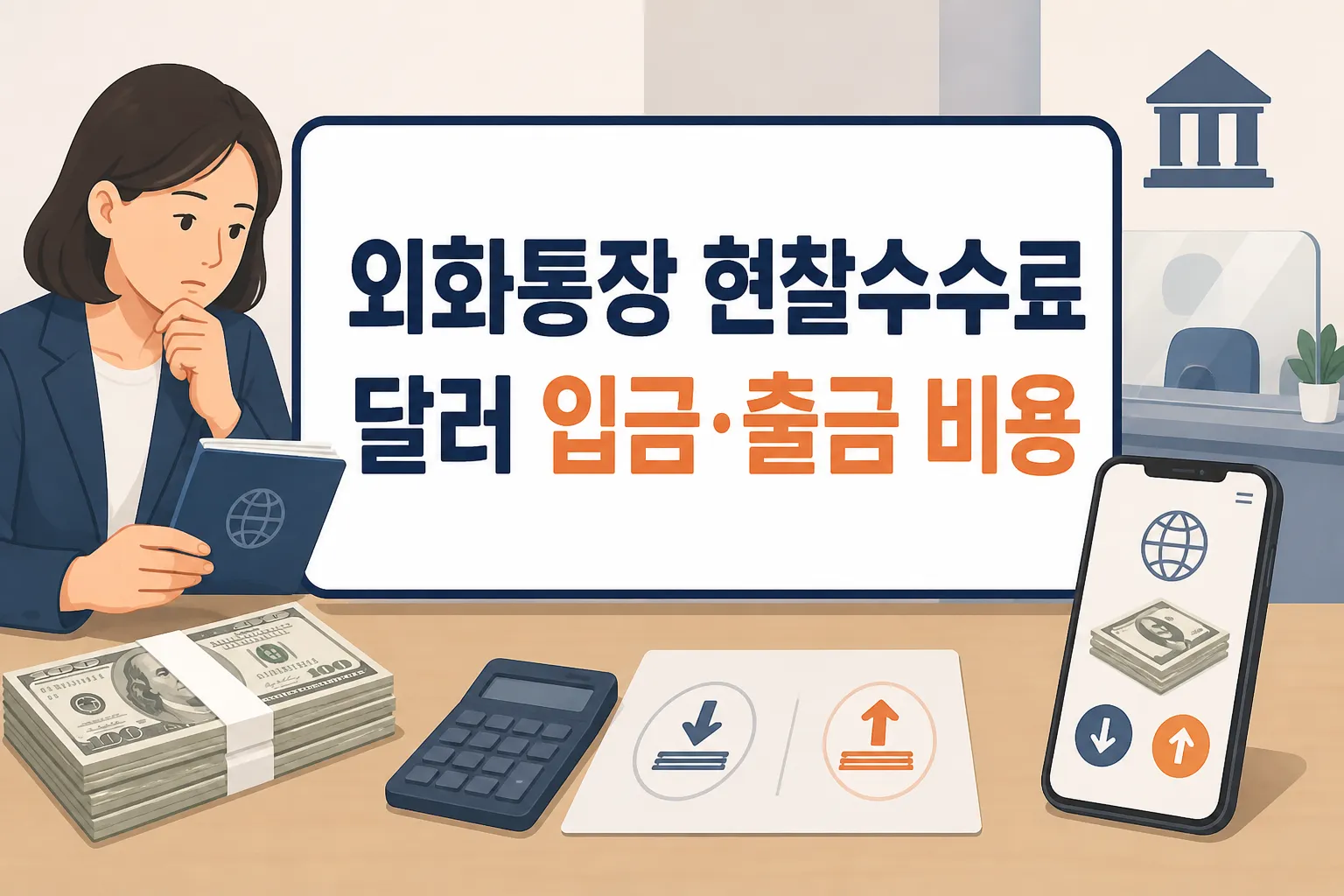 외화통장 현찰수수료를 확인할 때 달러 입금과 출금 비용 차이를 먼저 이해하도록 구성한 썸네일 이미지