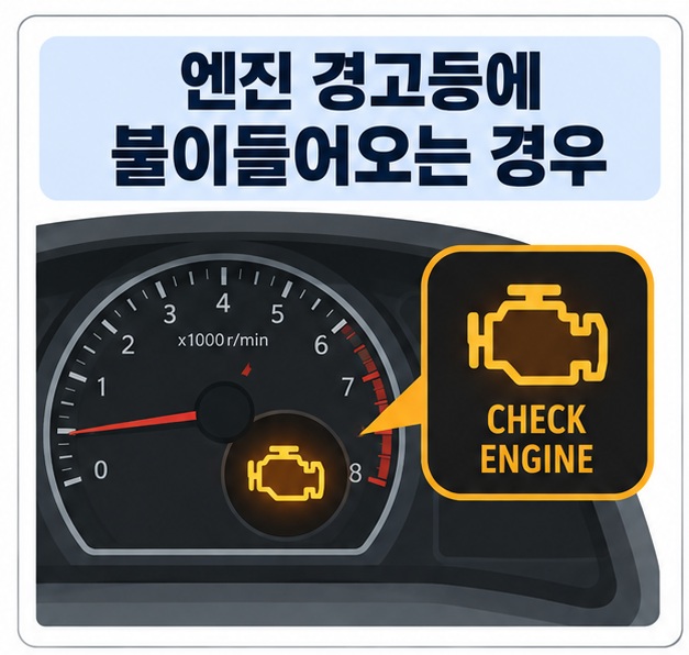 자동차 계기판의 엔진 모양 경고등 아이콘 위에 엔진 경고등에 불이들어오는 경우 문구가 표시된 대표 이미지