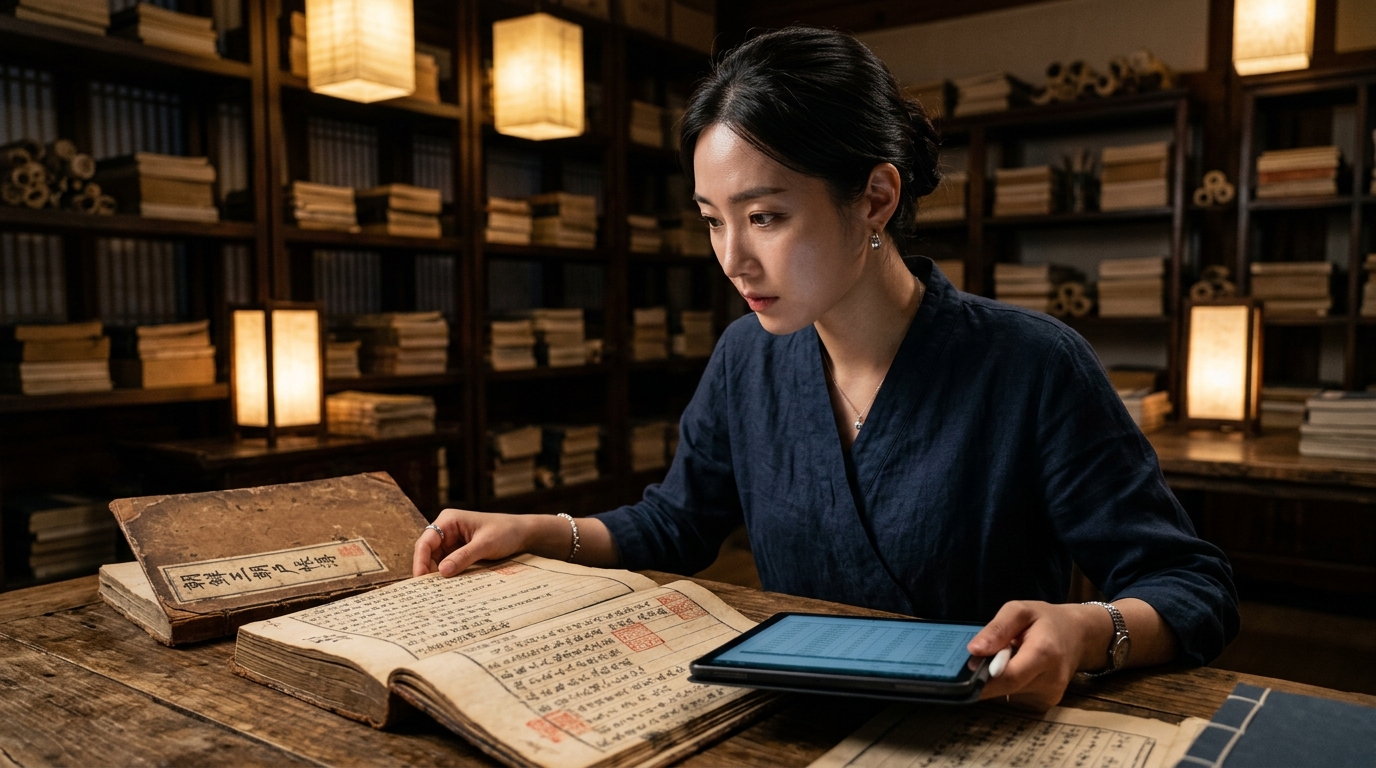 조선 시대 회계 장부를 현대적으로 분석하는 여주인공의 모습