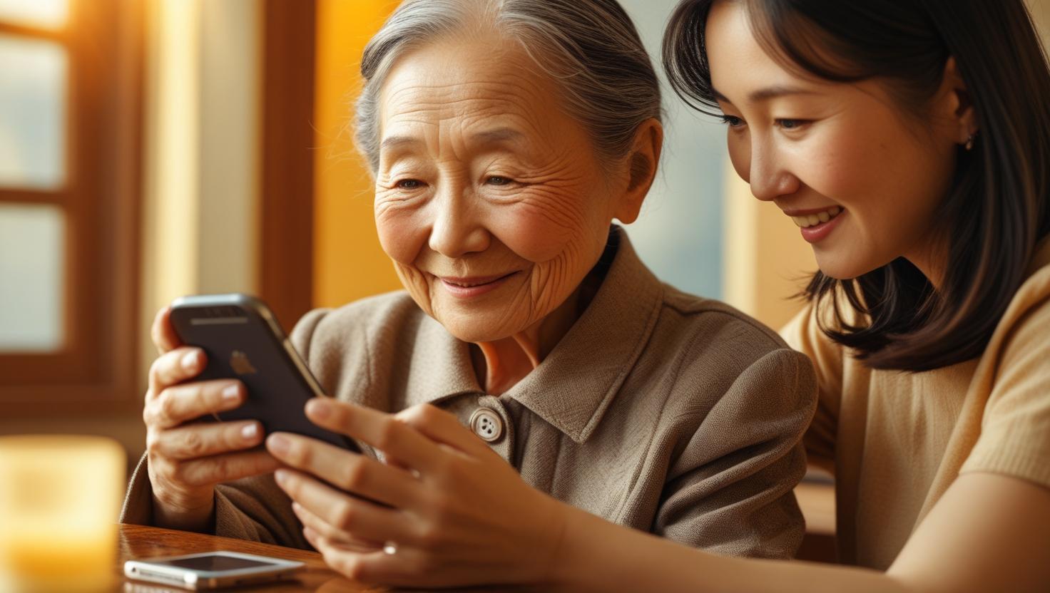 휴대폰 사용이 어려운 어르신에게 가르쳐드리는 모습