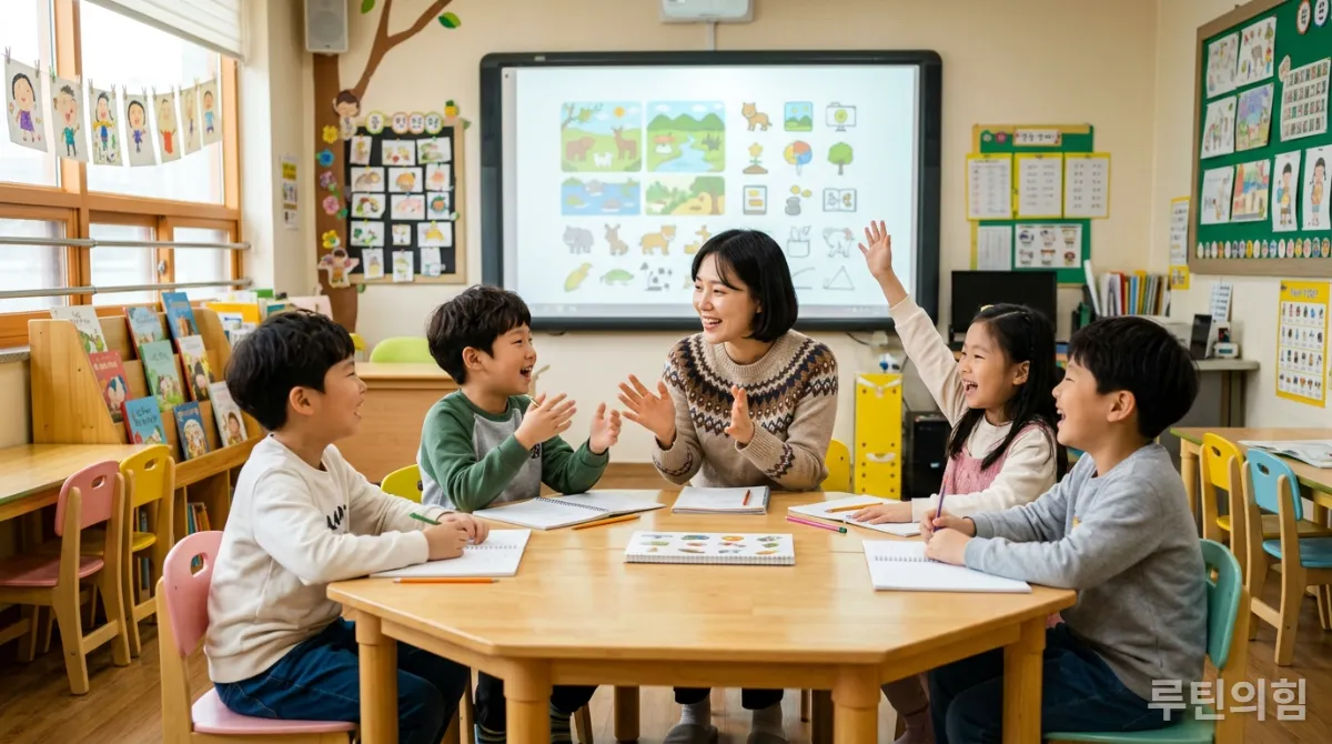 활기찬 분위기에서 영어 학원 수업을 듣는 한국 초등학생들