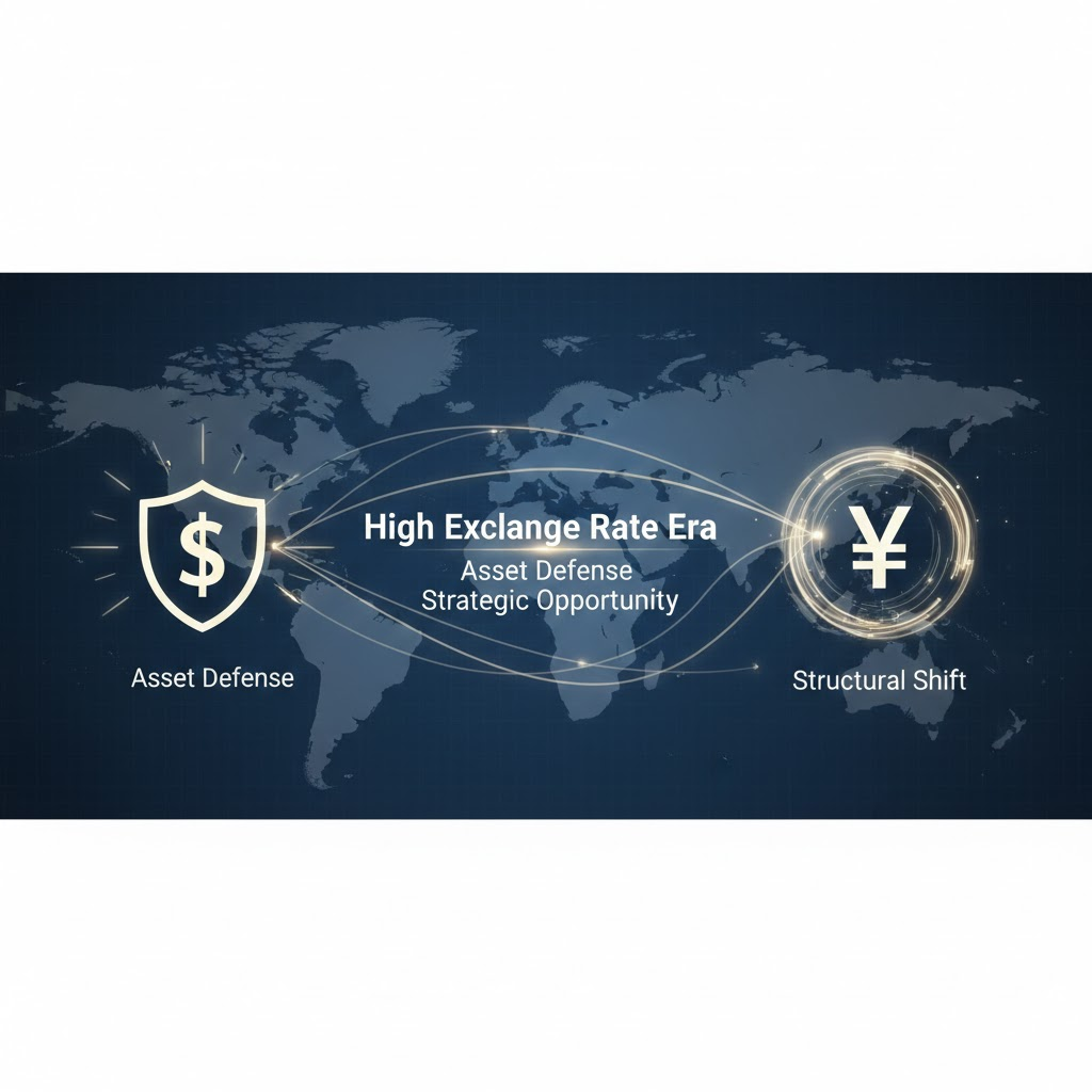 세계 지도를 배경으로 달러와 엔화 기호가 방패와 원형 아이콘으로 형상화된 금융 일러스트. 중앙에는 'High Exchange Rate Era, Asset Defense, Strategic Opportunity'라는 문구가 있어 고환율 시대의 자산 방어 전략을 상징함.