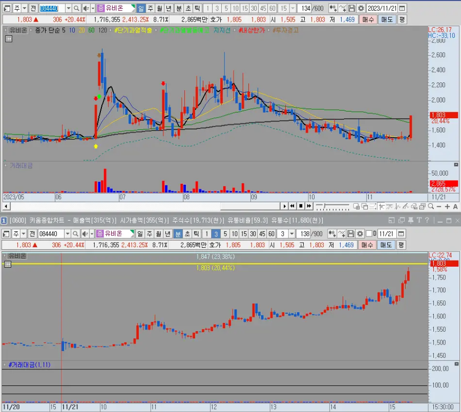 유비온 일봉 및 분봉