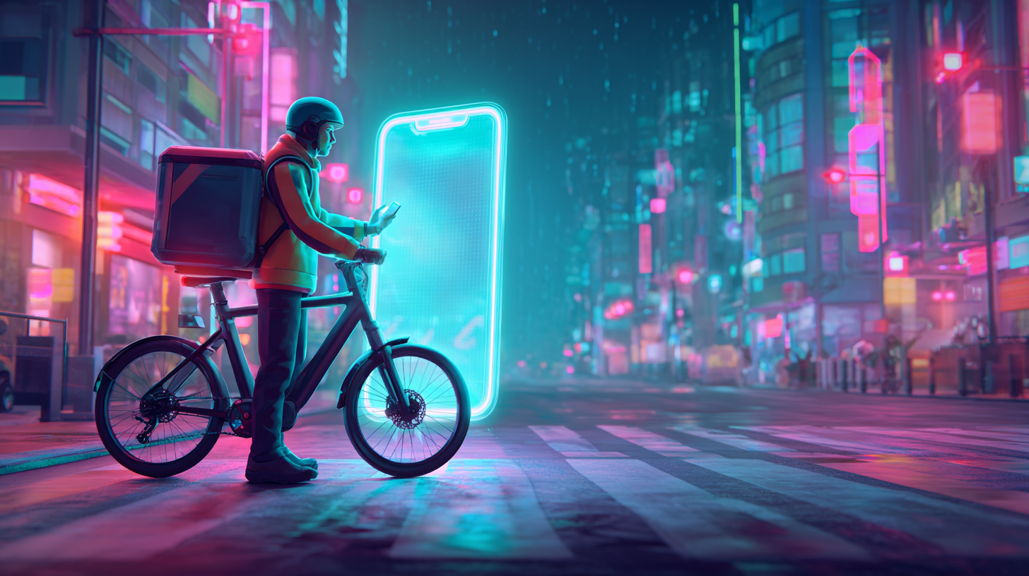 배달노동자가 핸드폰을 보는 장면 사진