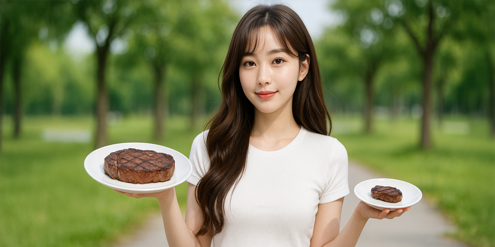 작년보다 작아진 스테이크를 들고 있는 사람