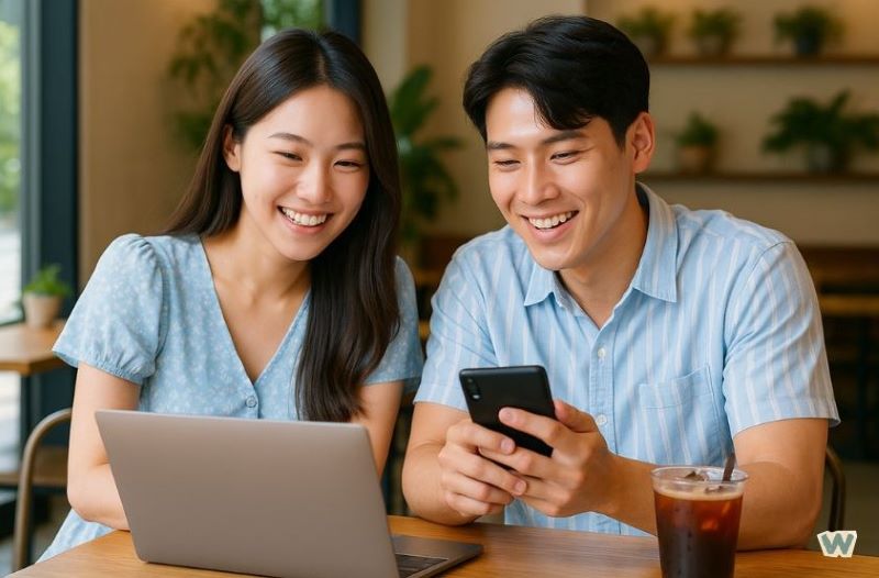 2025년 본인부담상한제 병원비 환급 온라인 신청하는 젊은 부부 - 건강보험공단 홈페이지 조회 via Gemini
