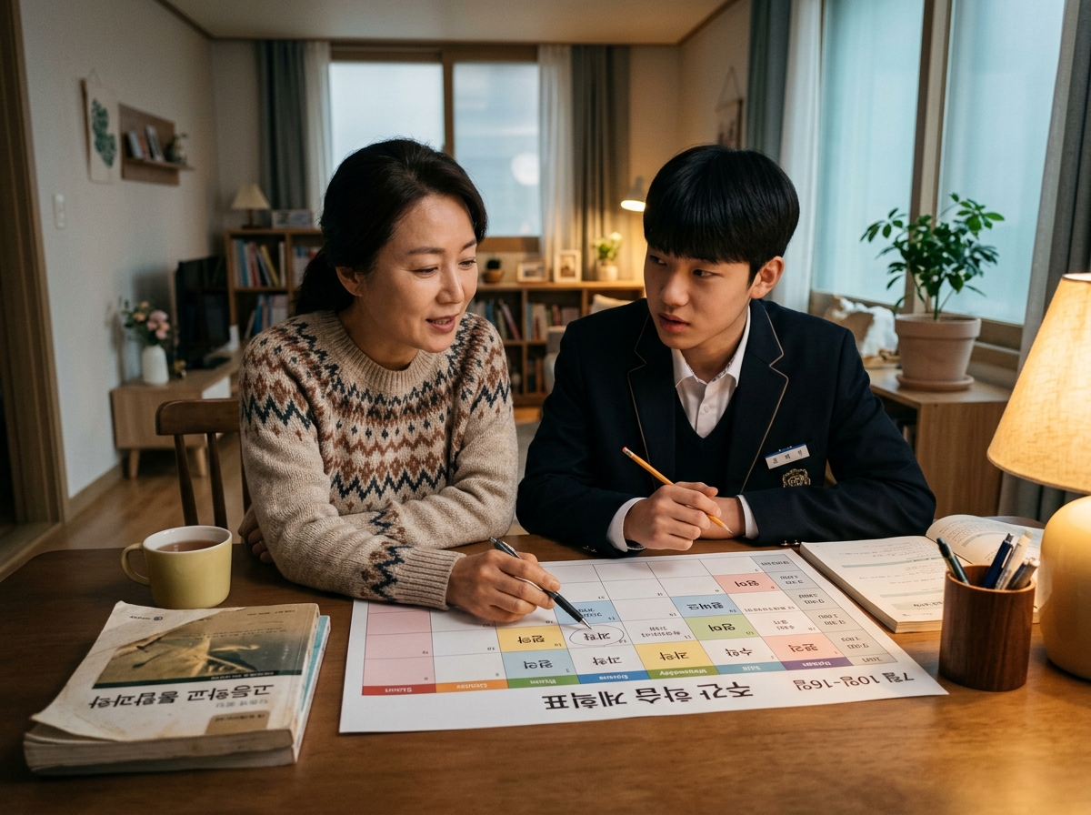 학부모와 학생이 함께 과학 학습 계획을 논의하는 모습