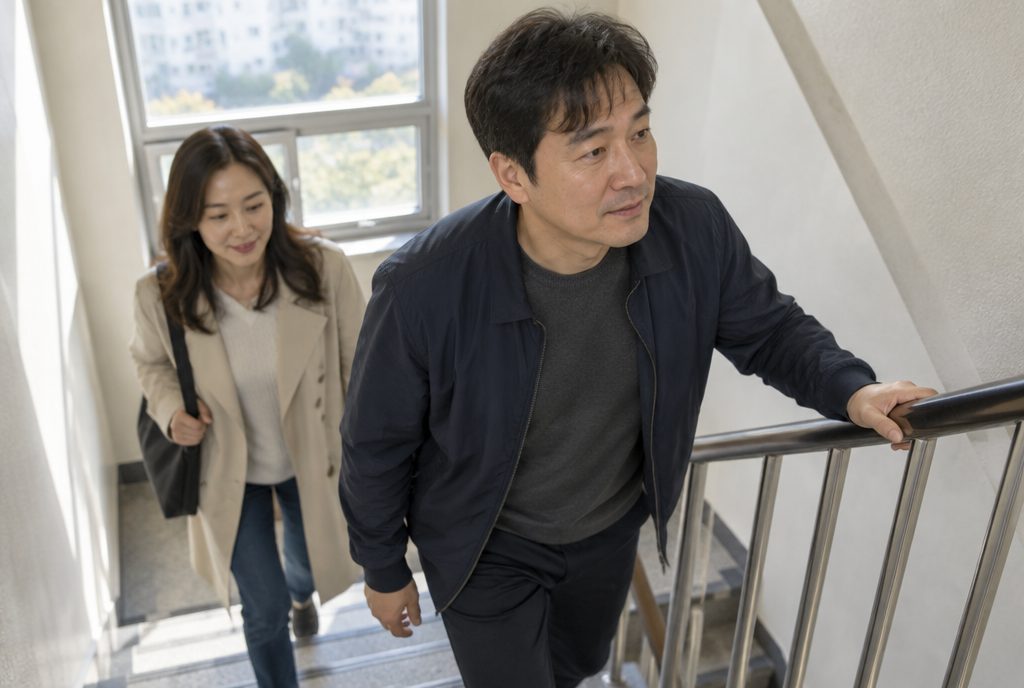 편마비 회복 과정에서 난간을 잡고 계단을 오르는 모습