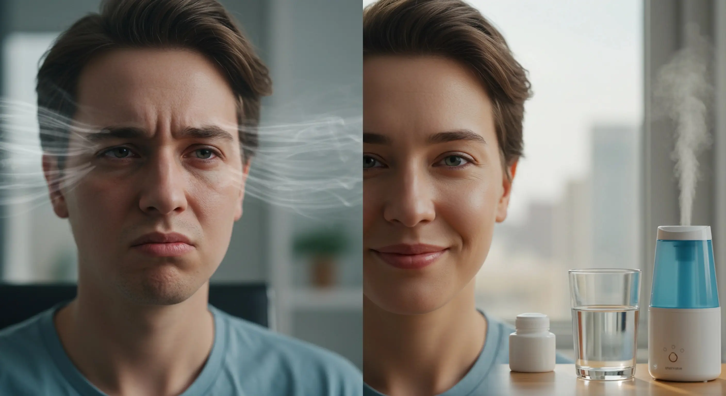 에어컨 바람에 건조하고 충혈된 눈과, 셀프케어 후 건강하고 촉촉해진 눈을 대비시켜 보여주는 이미지