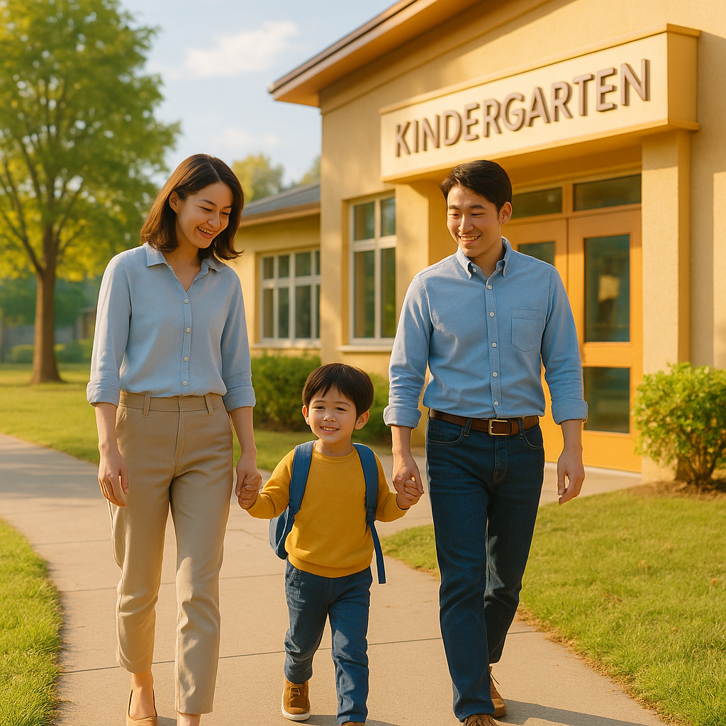 밝은 햇살 아래 부모와 아이가 어린이집 건물로 걸어가는 따뜻한 일러스트