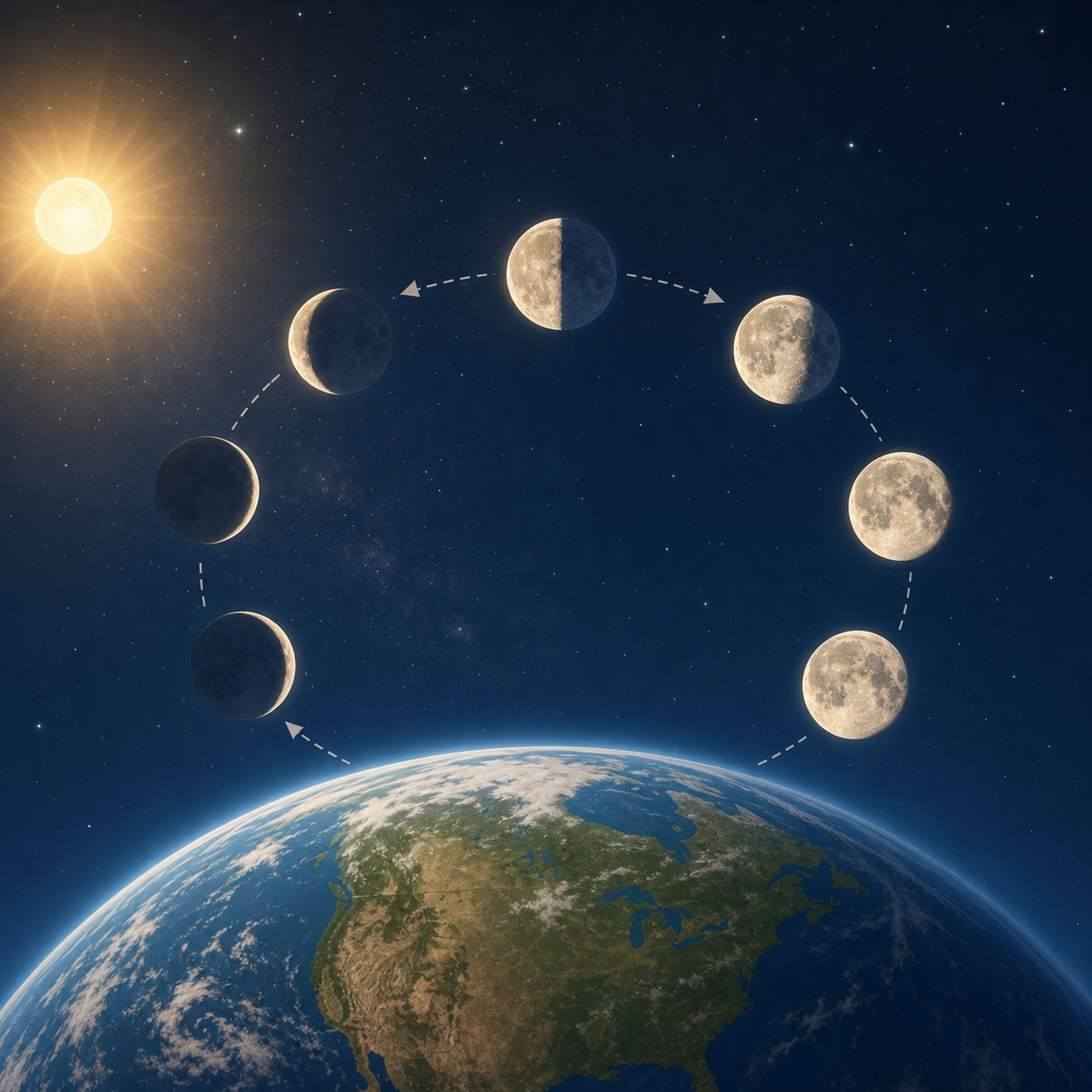 Moon phases in the night sky for an easy science reading passage